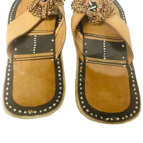 Vintage Flat Slippers Handcrafted Leather Cowhide Sandals Brown Size 10 3/4" - Picture 3 of 8